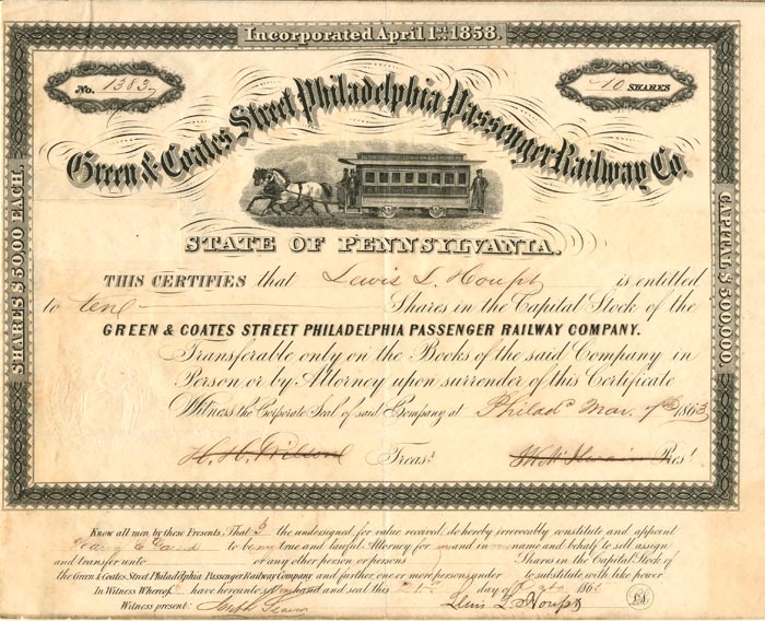 Green and Coates Street Philadelphia Passenger Railway Co. - Stock Certificate